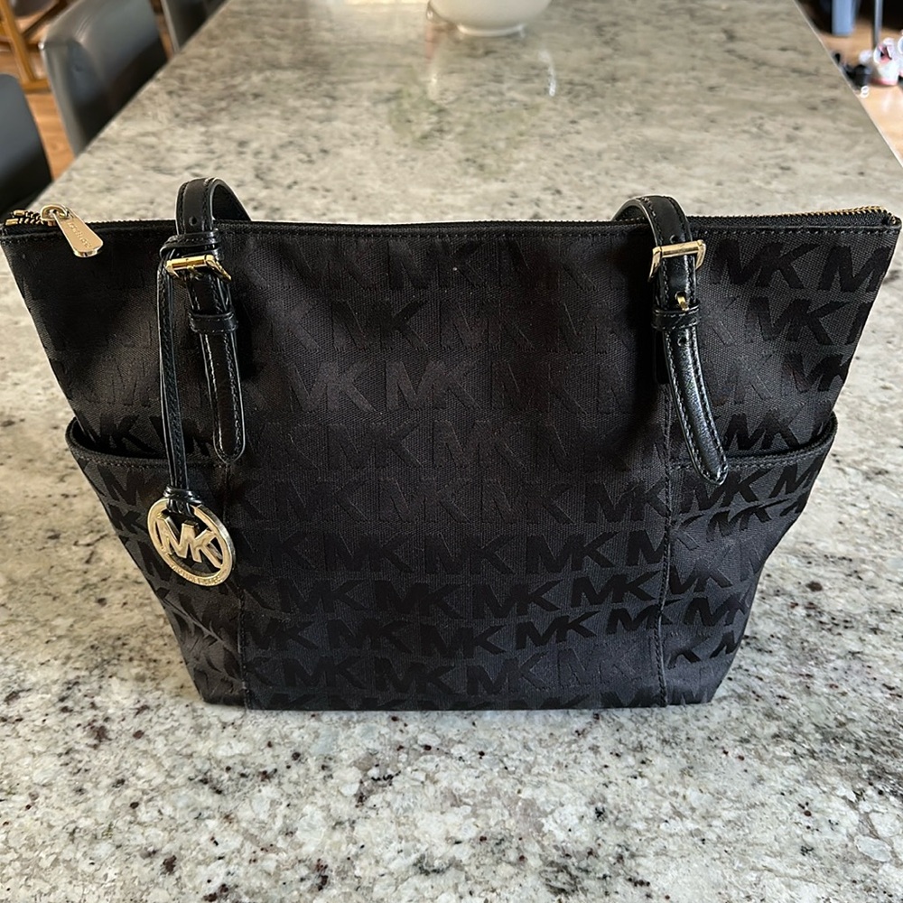 Michael Kors Black MK Logo Tote with Gold Accent Charm